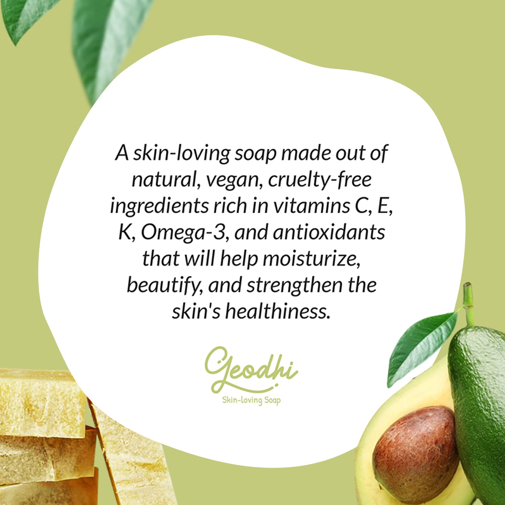 Geodhi Avocado-Rosemary Soap Bar vegan cruelty-free badge on label.