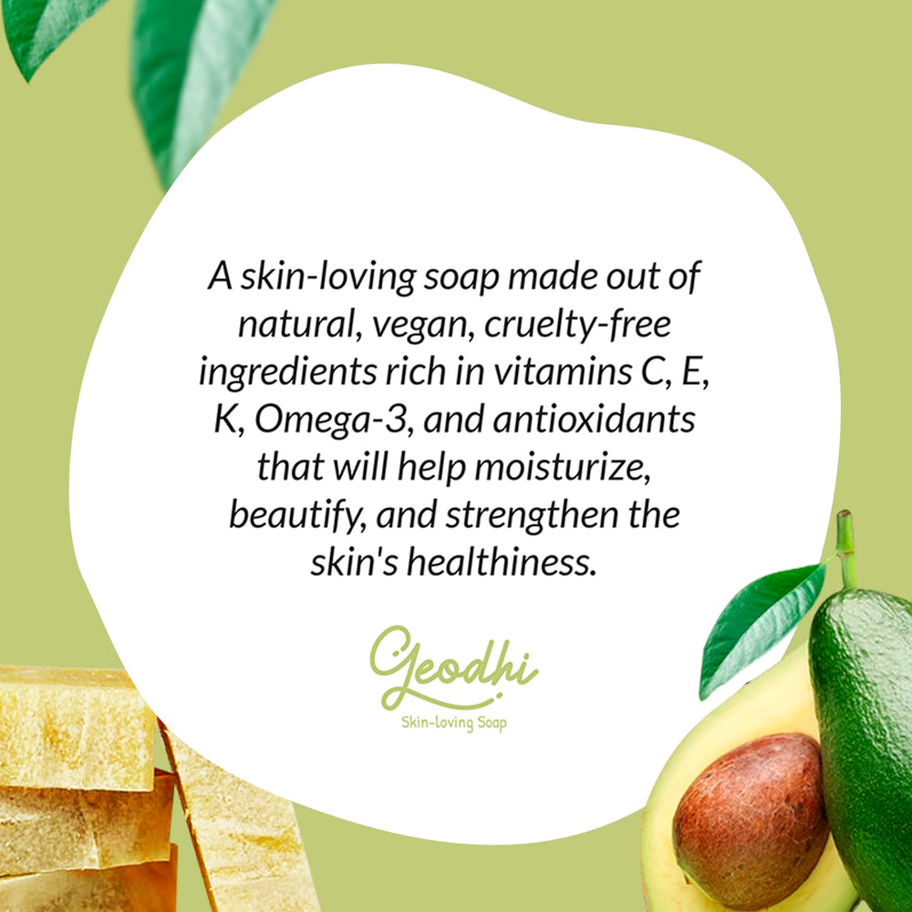 Geodhi Avocado-Rosemary Soap Bar vegan cruelty-free badge on label.