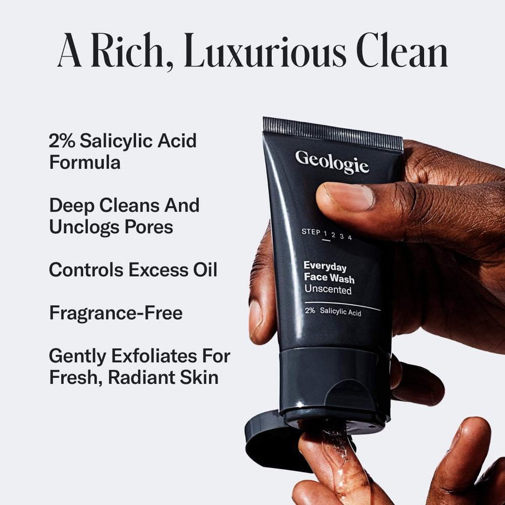 Geologie 2% Face Wash tubes shown for convenient home and travel use.