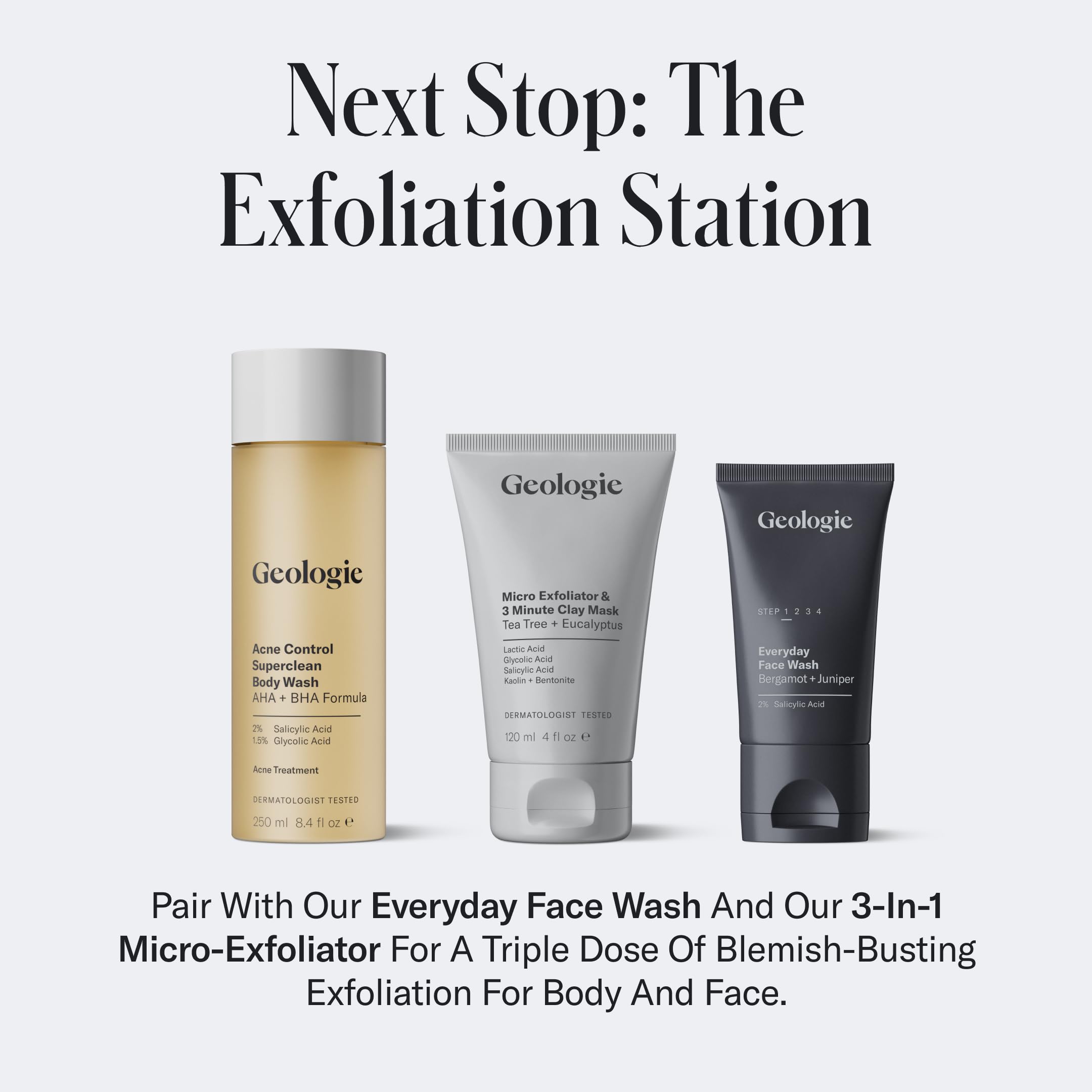 Geologie Acne Control Body Wash bathroom ambience suggests daily cleansing routine.