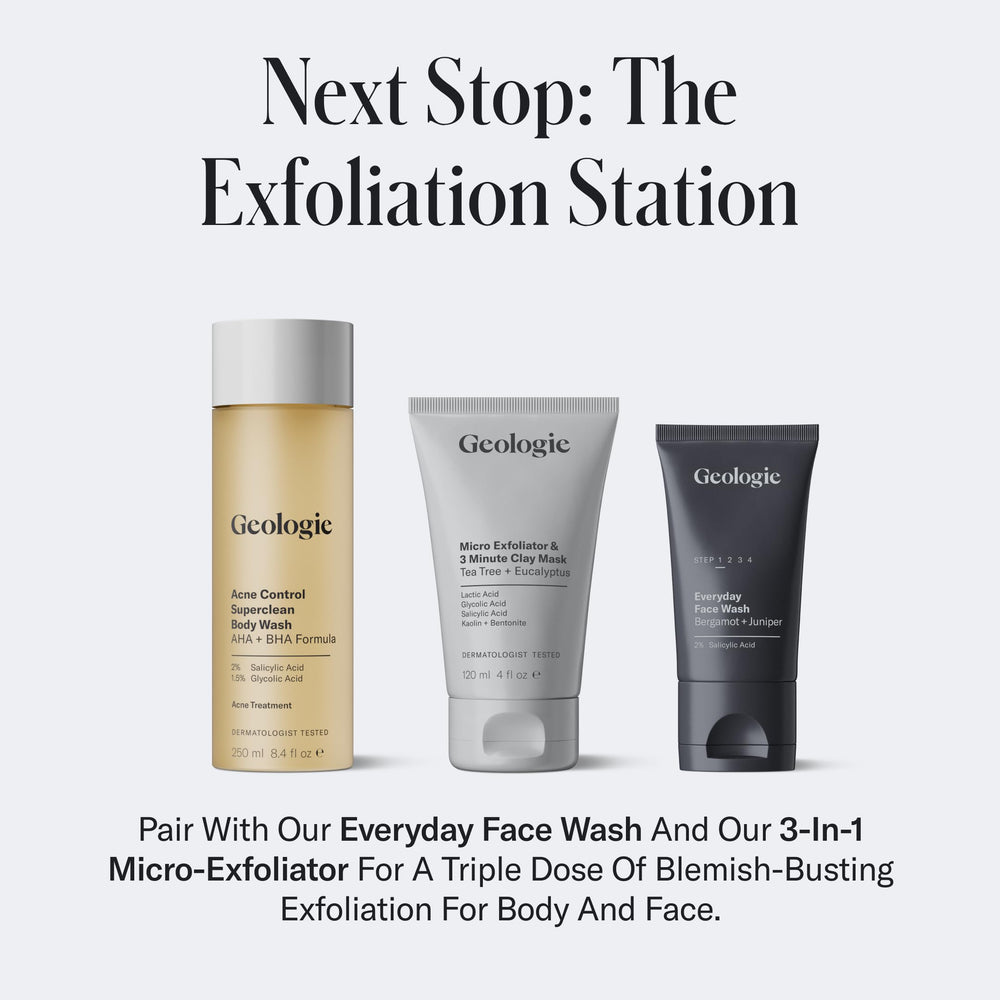 Geologie Acne Control Body Wash bathroom ambience suggests daily cleansing routine.
