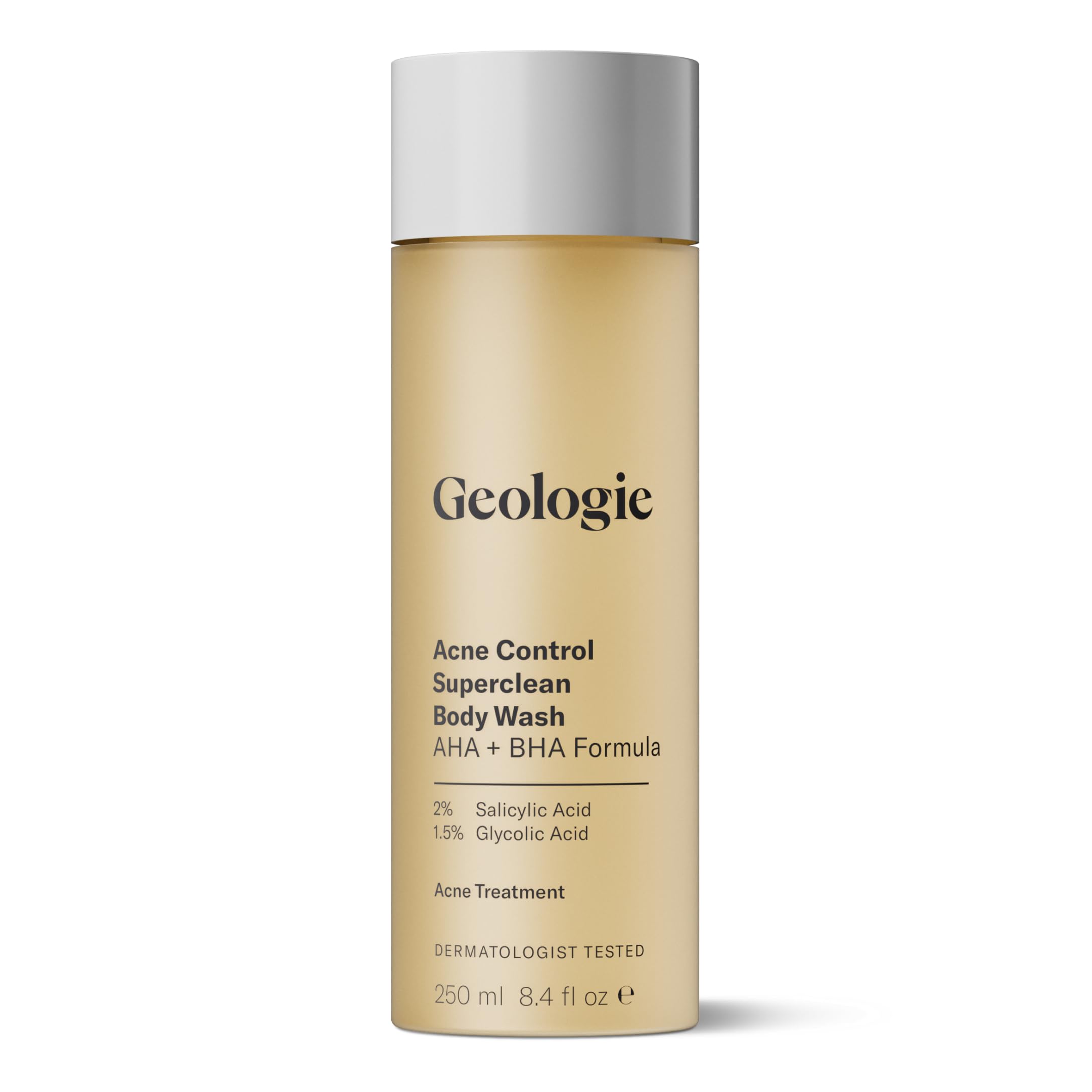 Geologie Acne Control Body Wash bottle front shows fragrance-free cleansing ideal for breakout-prone skin.