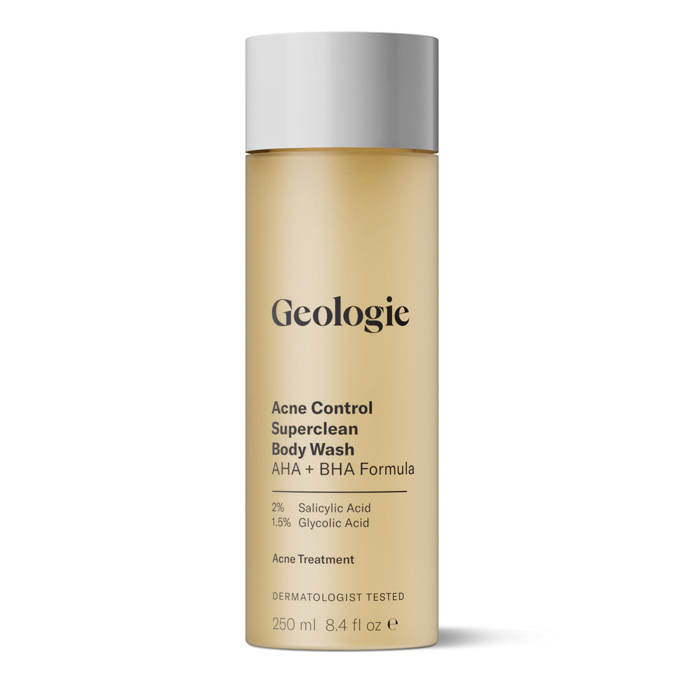 Geologie Acne Control Body Wash bottle front shows fragrance-free cleansing ideal for breakout-prone skin.