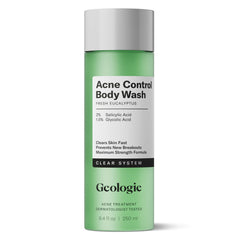 Geologie Acne Control Body Wash bottle front with fresh eucalyptus scent for clearer skin.