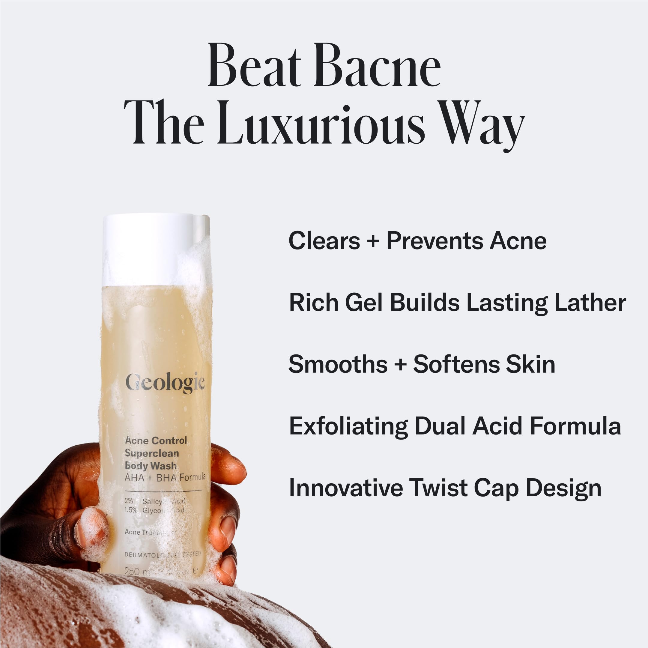 Geologie Acne Control Body Wash bottle side highlights sleek design and twist-top dispenser.