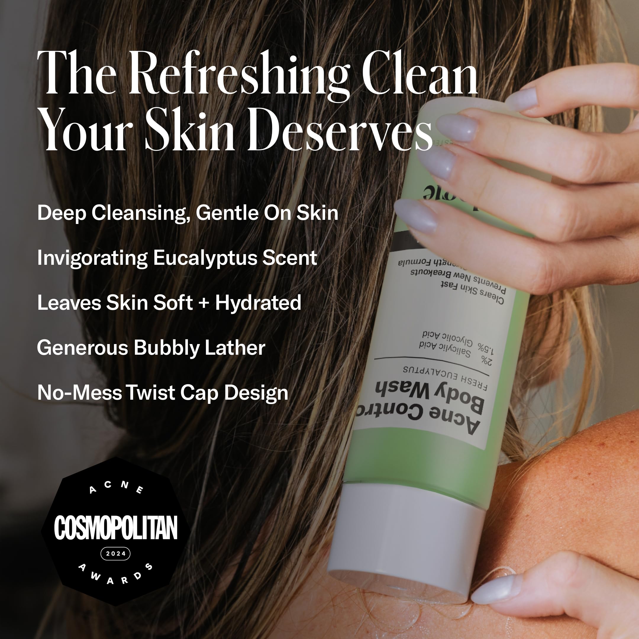 Geologie Acne Control Body Wash pump top for easy, mess-free dispensing during morning showers.