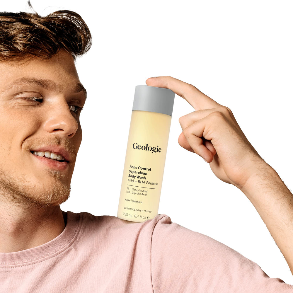 Geologie Acne Control Body Wash shelf setup conveys premium skincare feel.