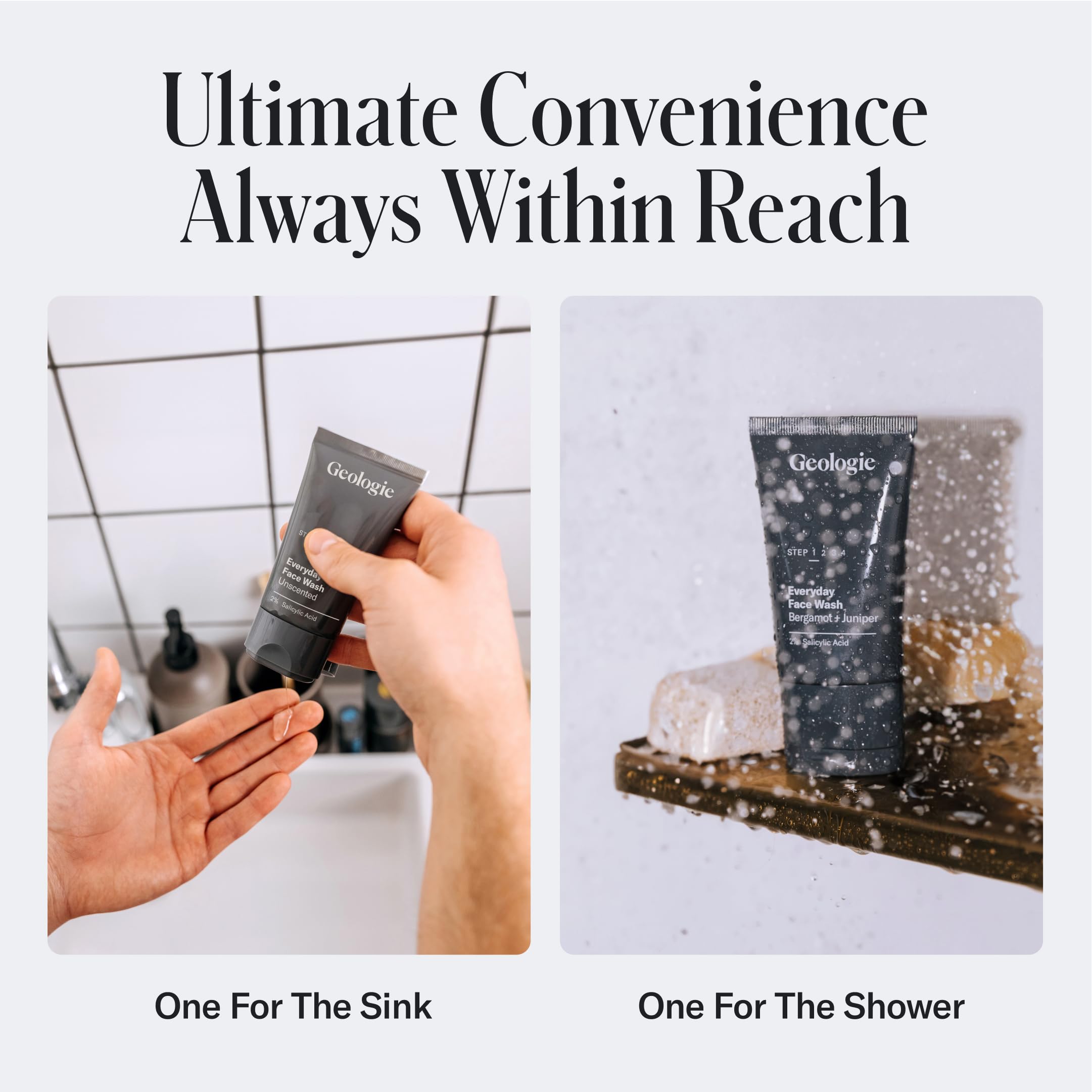 Geologie face wash bottle close-up focuses on pump and clear gel.