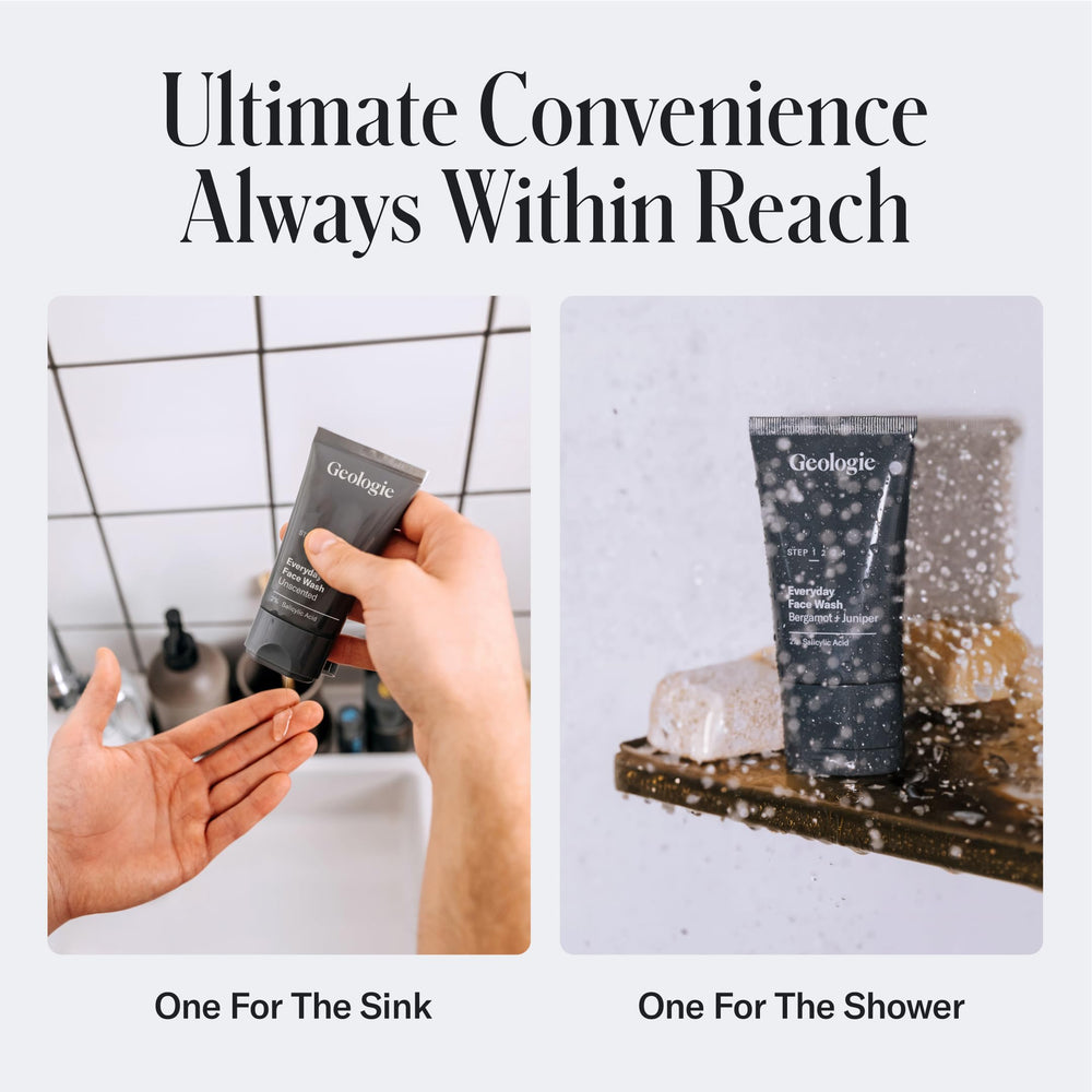 Geologie face wash bottle close-up focuses on pump and clear gel.
