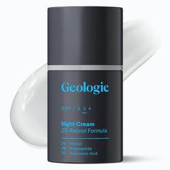 Geologie Retinol Night Cream bottle demonstrates premium skincare for age-defying hydration.