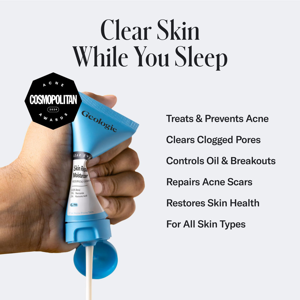 Geologie Skin Repair moisturizer pump view promotes smooth evening routine.