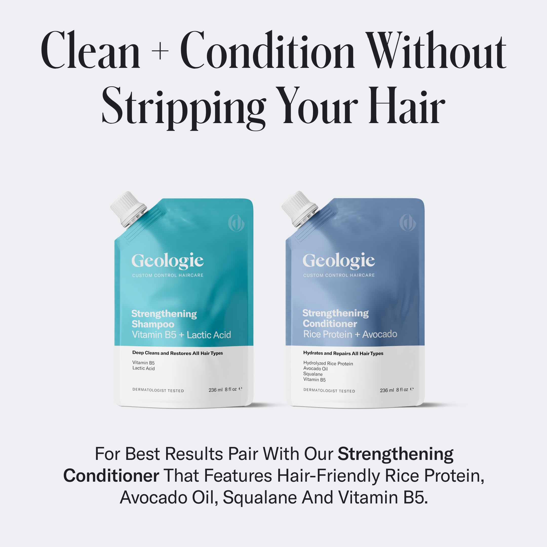 Geologie Strengthening Shampoo eco-friendly packaging promotes sustainable choice.