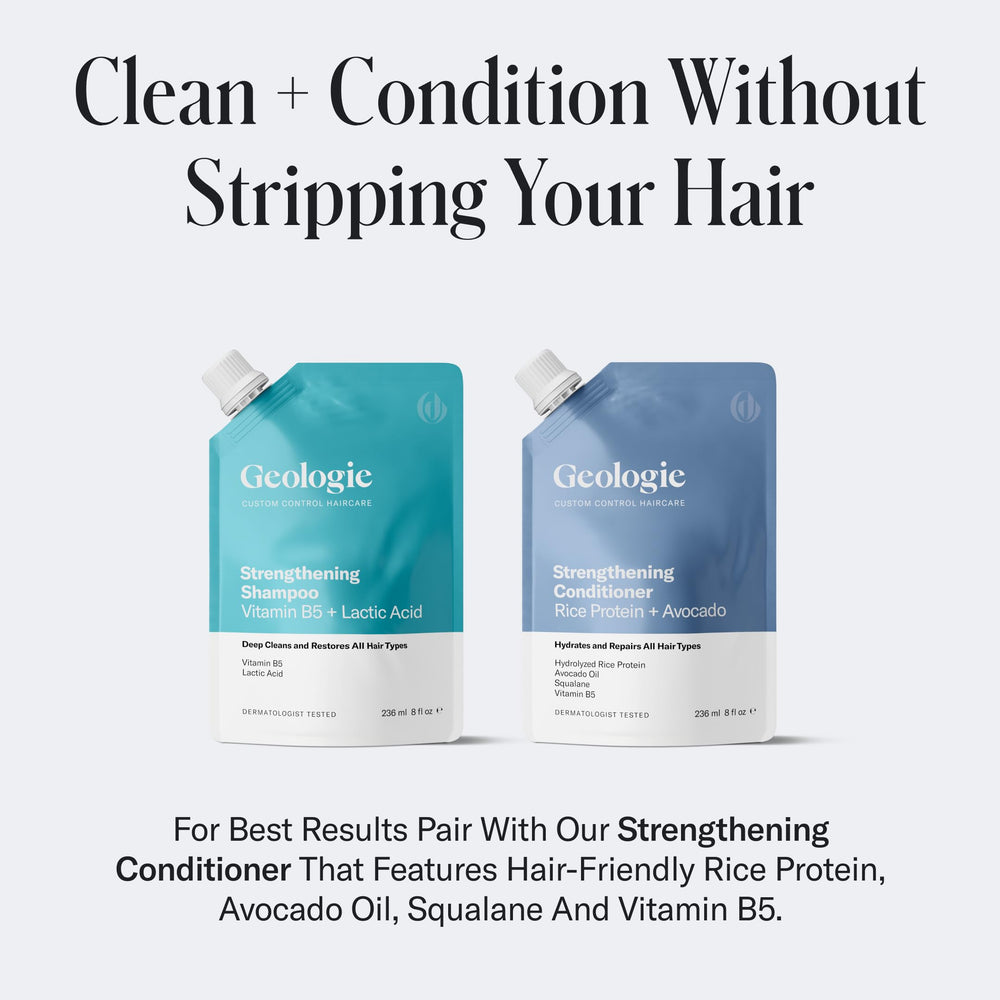 Geologie Strengthening Shampoo eco-friendly packaging promotes sustainable choice.