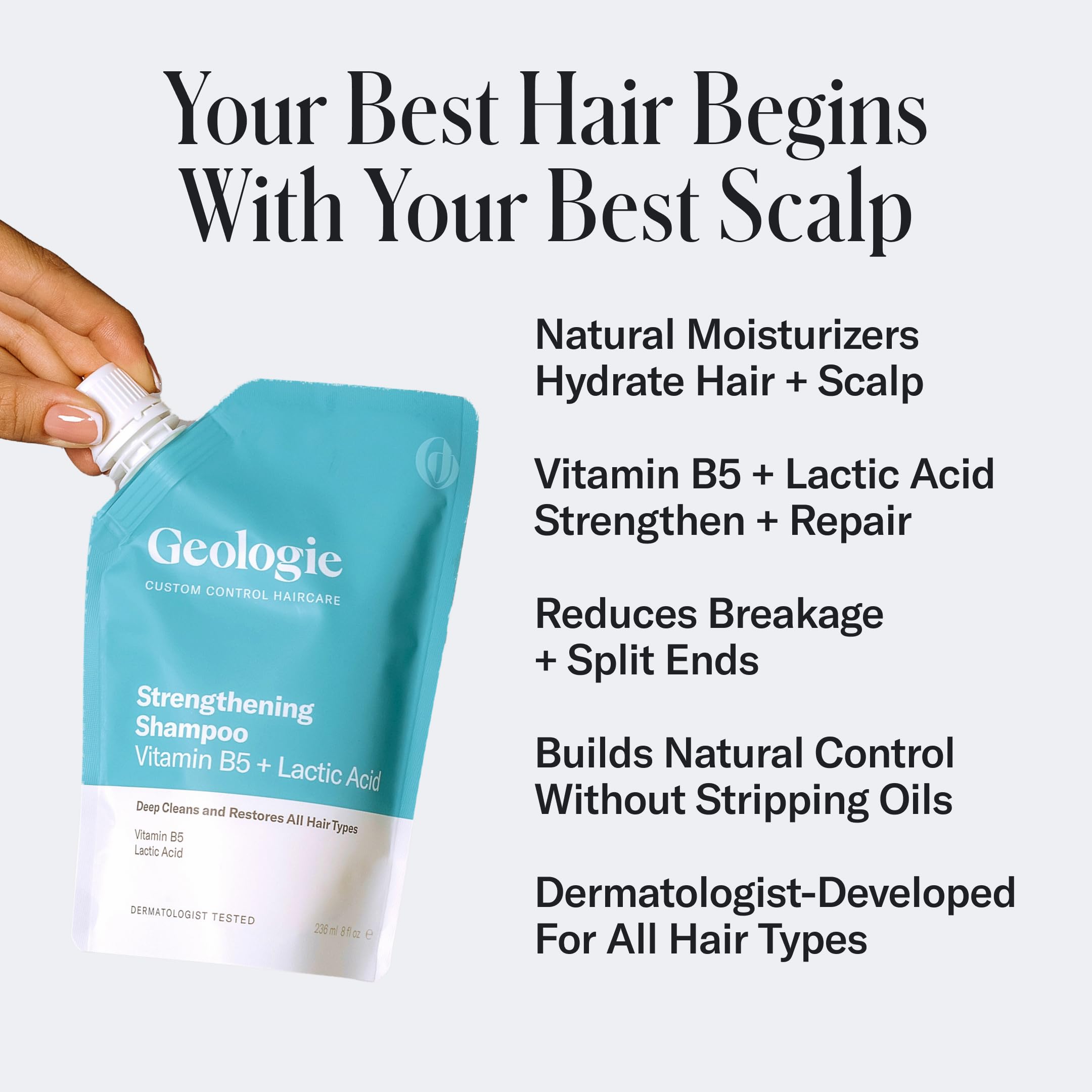 Geologie Strengthening Shampoo label highlights Vitamin B5 and lactic acid.