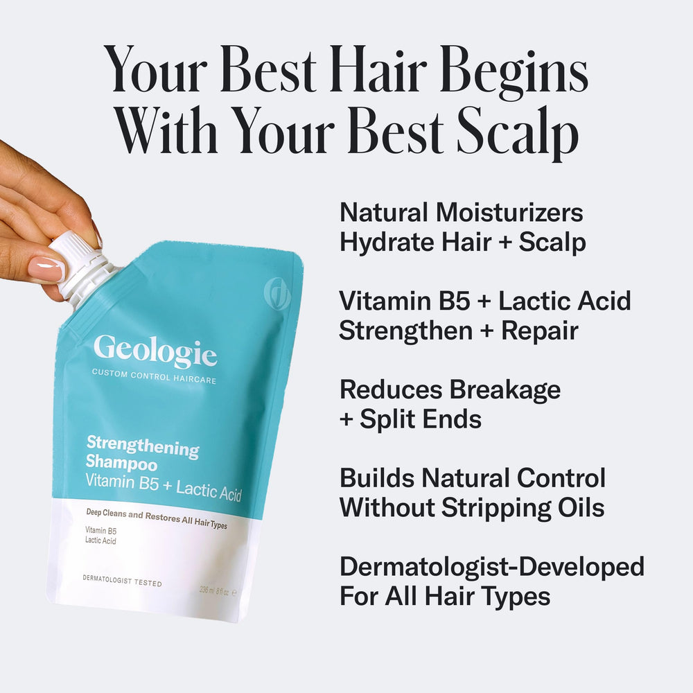 Geologie Strengthening Shampoo label highlights Vitamin B5 and lactic acid.