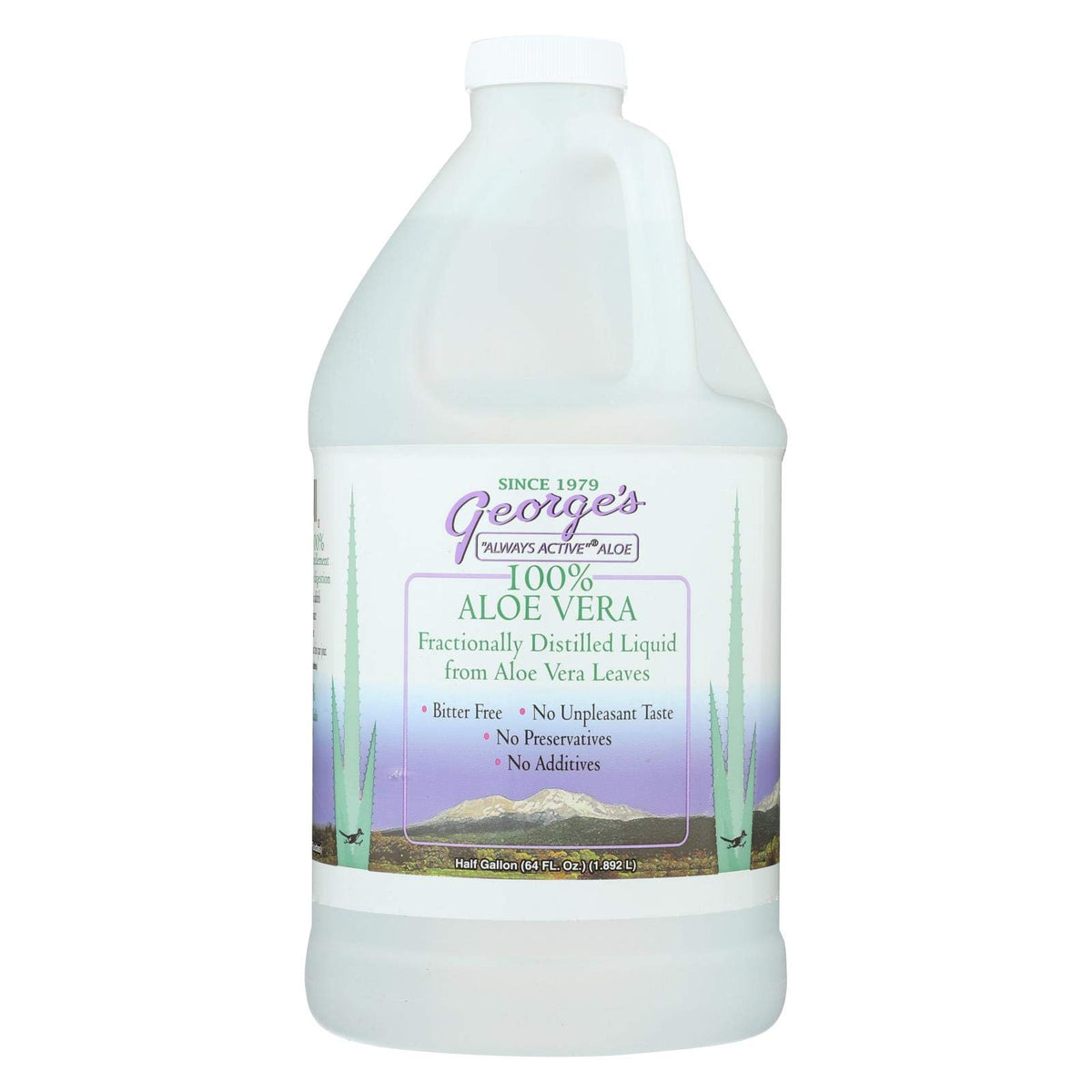 George's Aloe Vera liquid in a 64 oz bottle, anthraquinone-free and ready for daily use