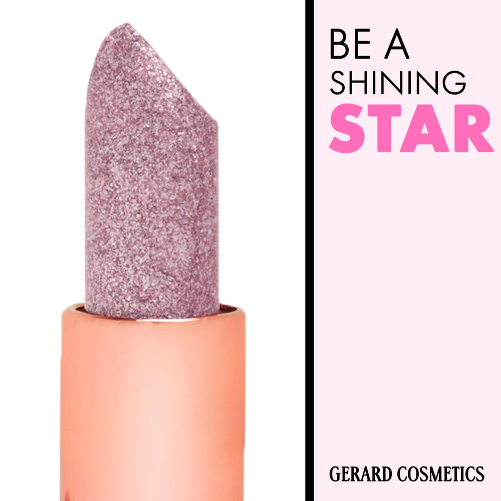 Gerard Cosmetics glitter lip close-up emphasizes bold shimmer and statement lips.