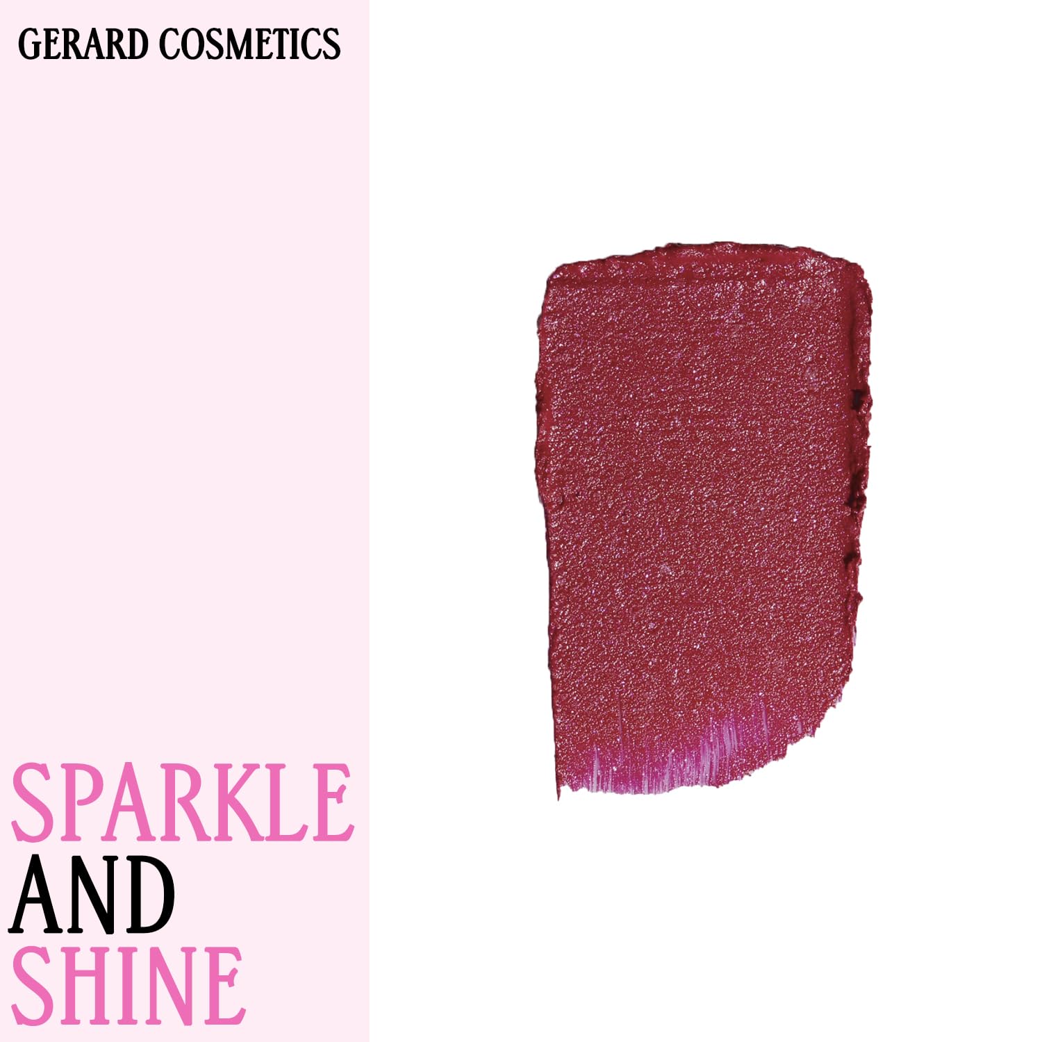 Gerard Cosmetics Glitter Lipstick Cupid closeup highlights long-wear sparkle.