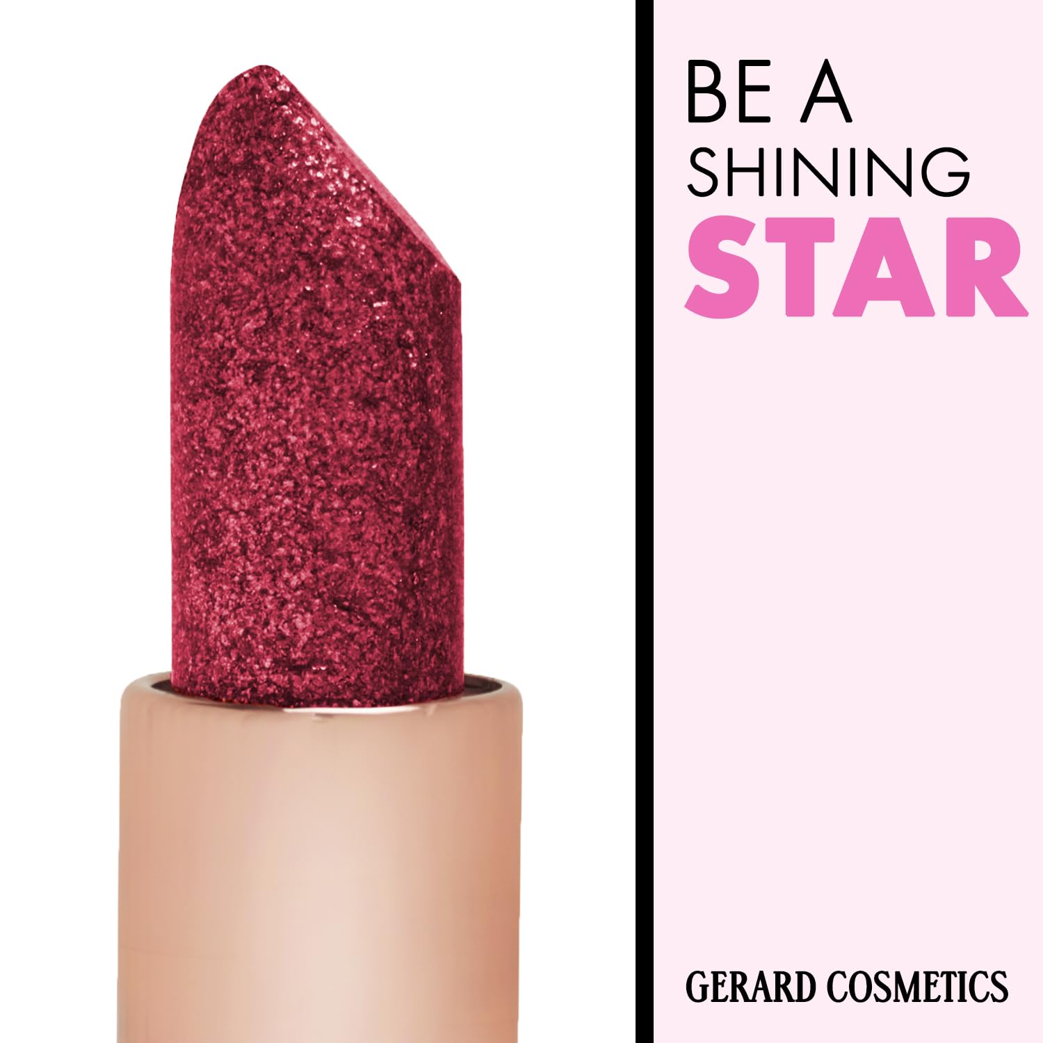 Gerard Cosmetics Glitter Lipstick Cupid packaging shot emphasizes cruelty-free USA-made credentials.