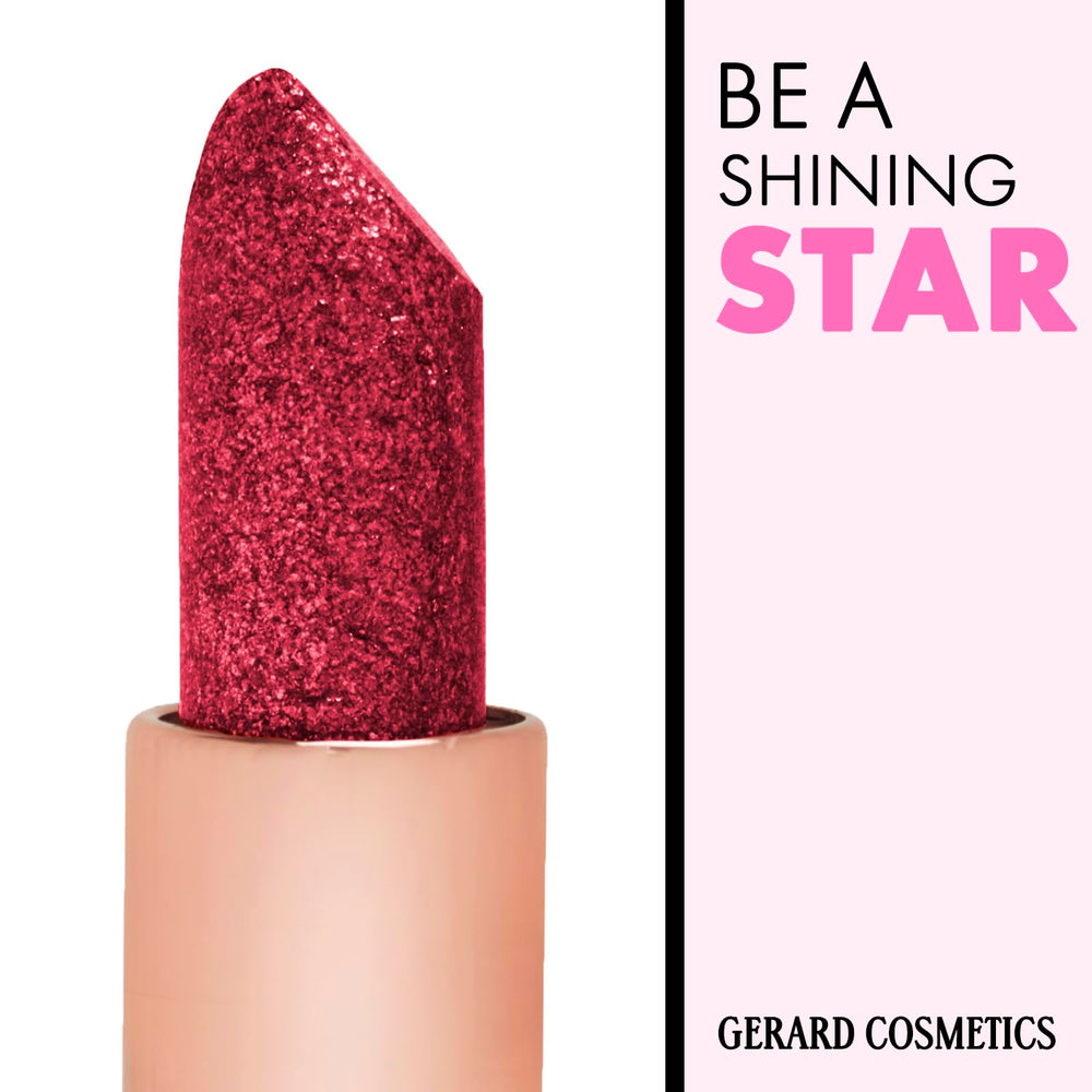 Gerard Cosmetics Glitter Lipstick Cupid packaging shot emphasizes cruelty-free USA-made credentials.