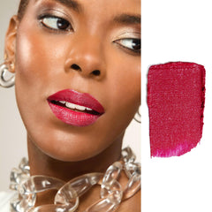 Gerard Cosmetics Glitter Lipstick Cupid swatch shows opaque color and sparkle.