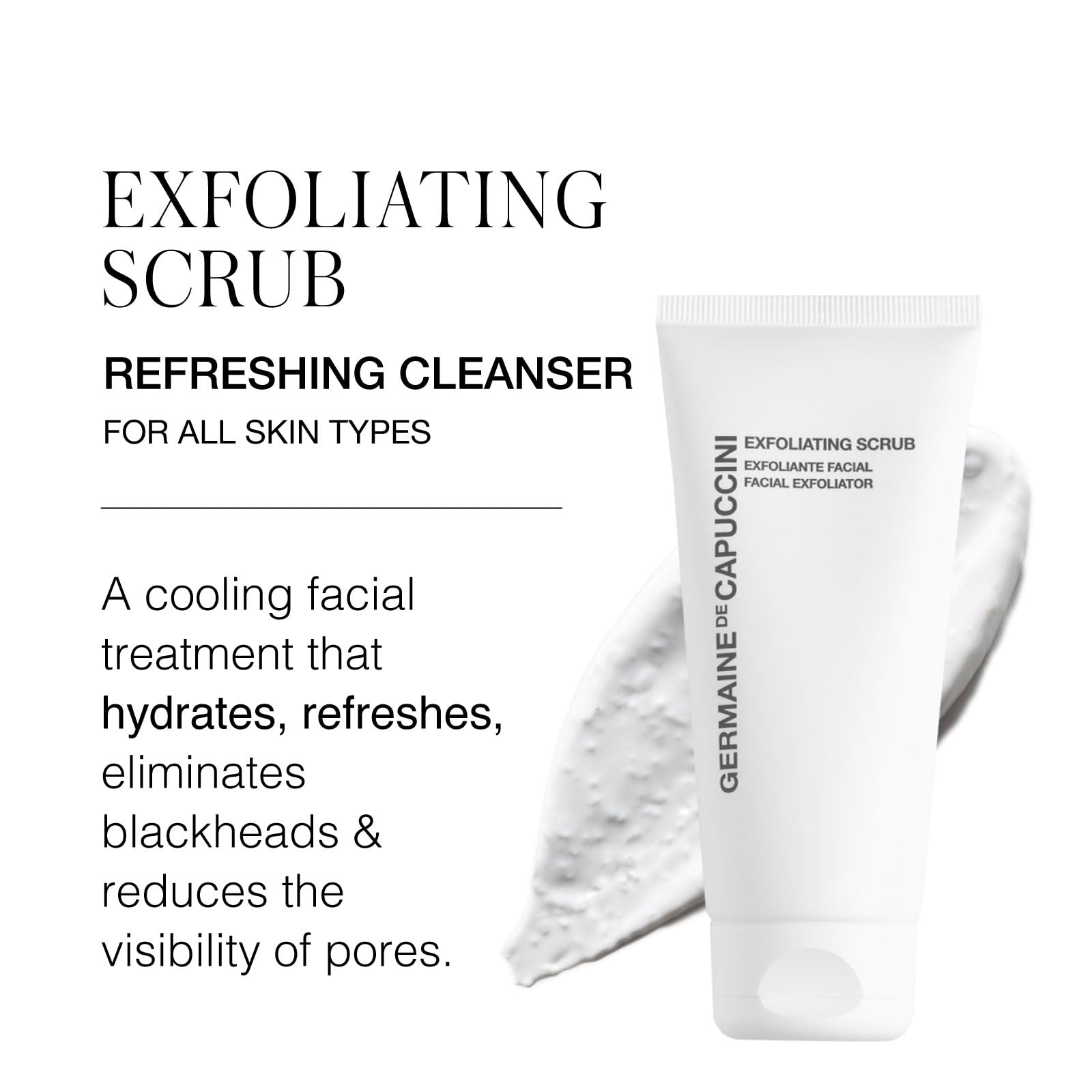 Germaine de Capuccini exfoliating face scrub bottle delivers cooling sensation for refreshed skin.