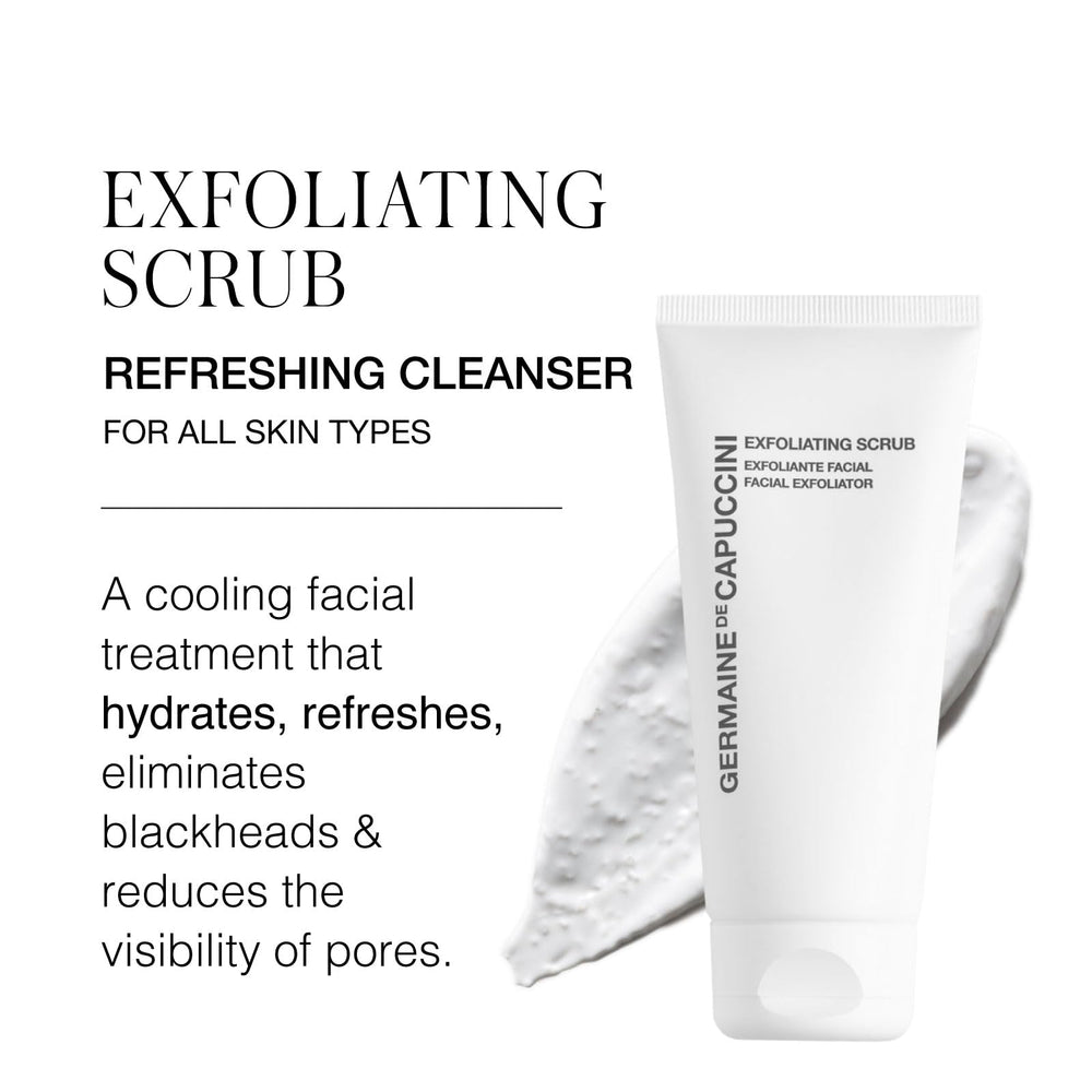 Germaine de Capuccini exfoliating face scrub bottle delivers cooling sensation for refreshed skin.