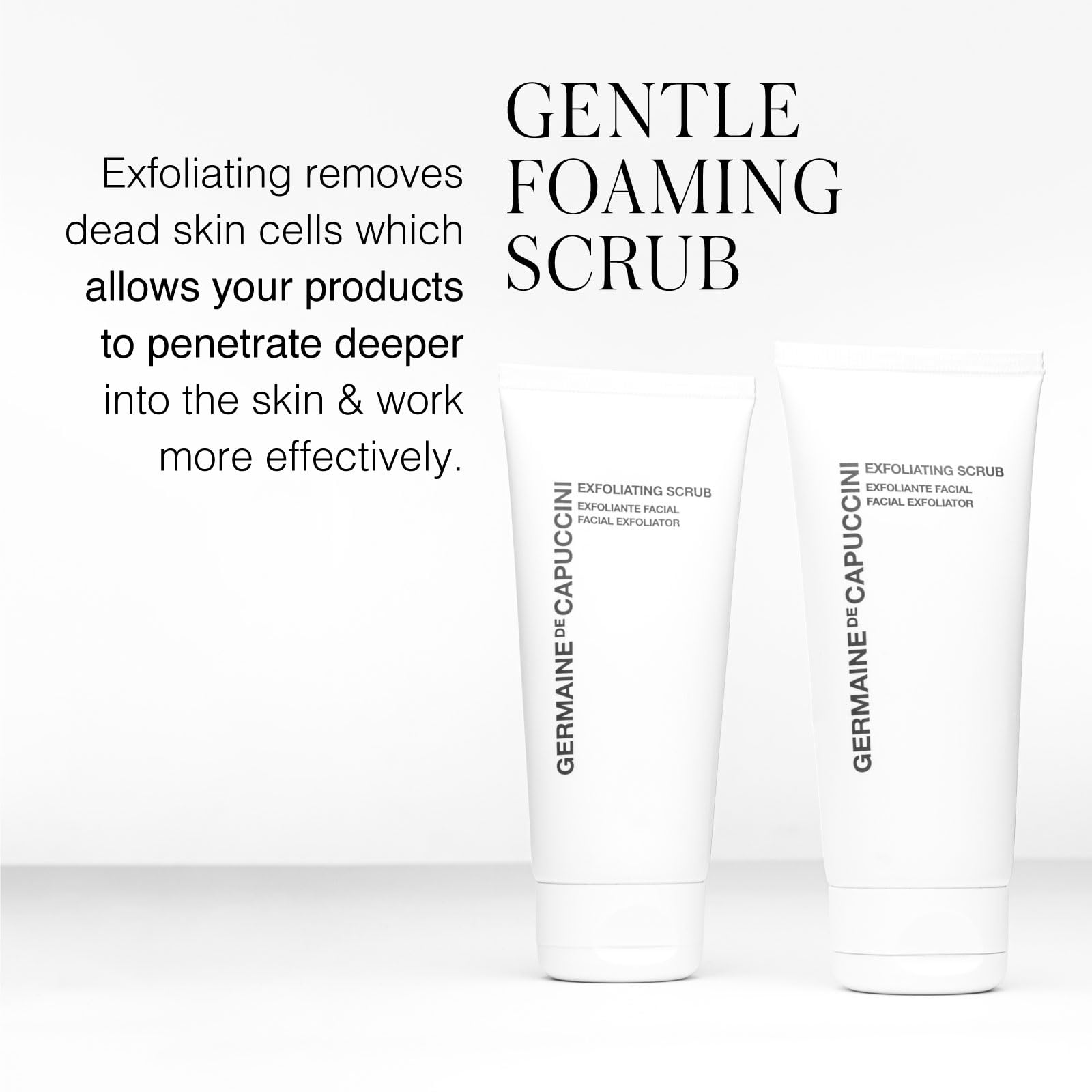 Germaine de Capuccini exfoliating face scrub packaging shown on clean vanity.