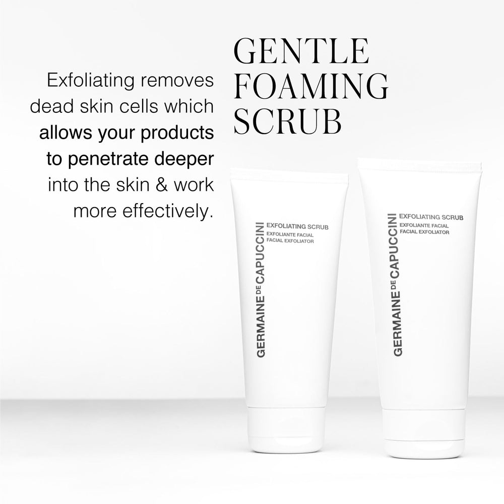 Germaine de Capuccini exfoliating face scrub packaging shown on clean vanity.