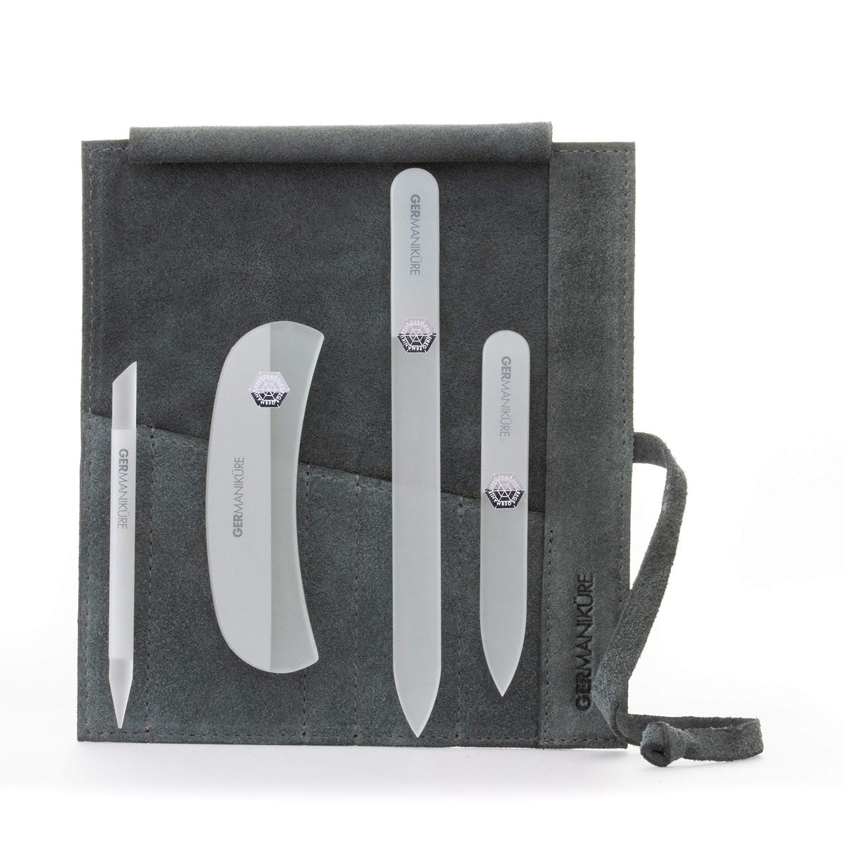 GERmanikure gray crystal glass nail file set in light gray suede case for precise filing at home