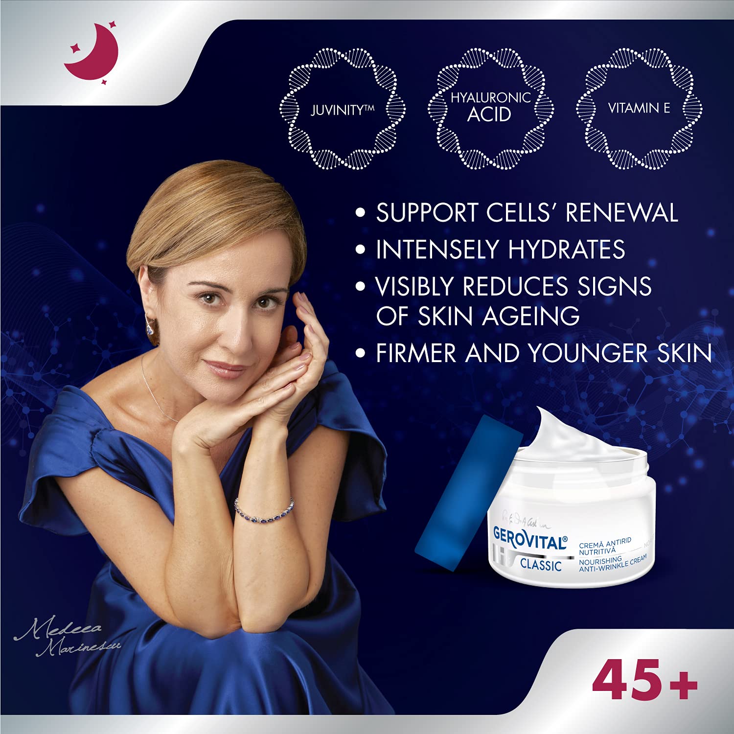 Applying the night cream at night shows smooth, fast-absorbing formula