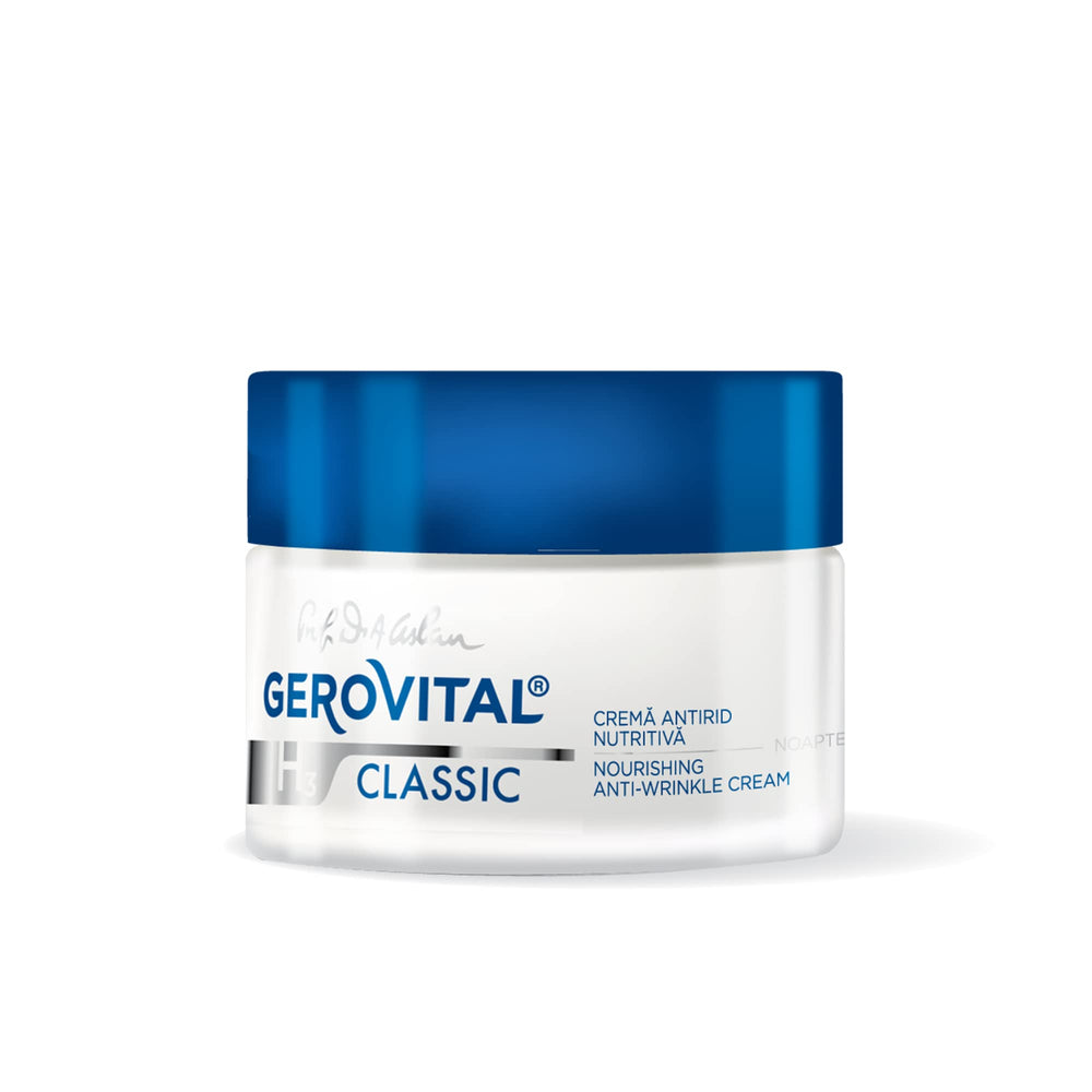 Gerovital Classic Night Cream bottle close-up showing premium hydration benefits