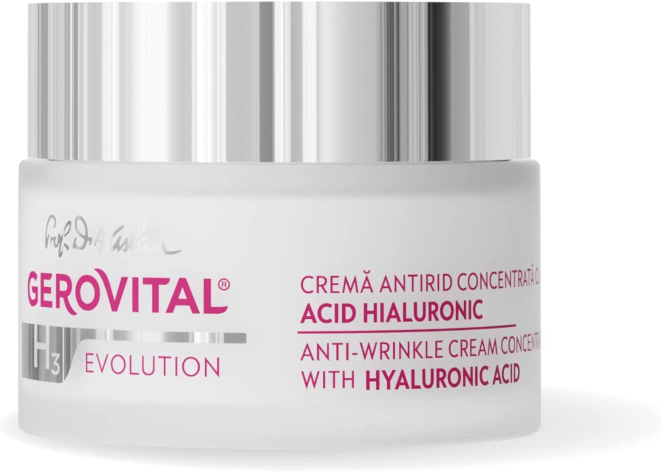 Gerovital Evolution anti-wrinkle cream jar close-up showing rich hydration.