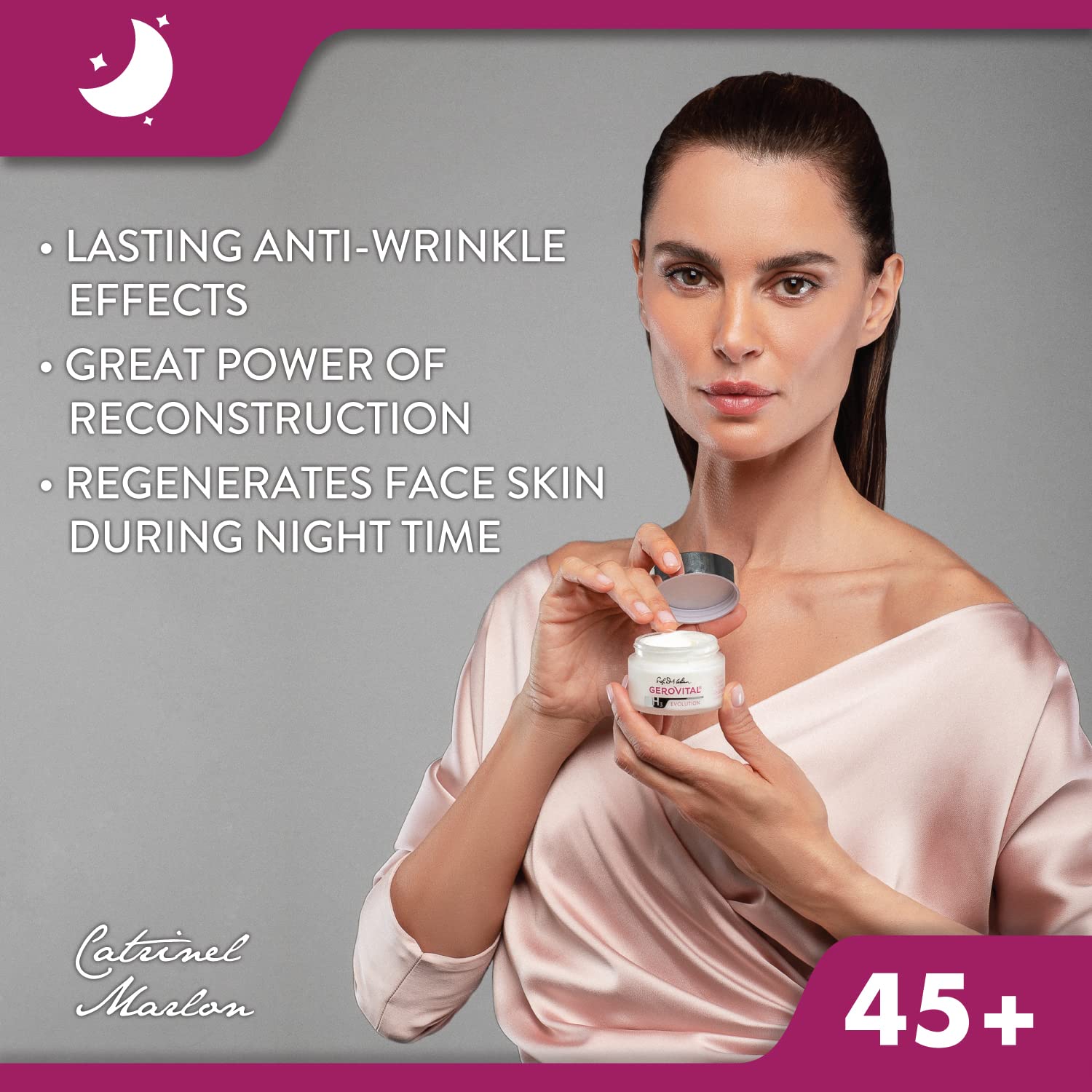 Gerovital H3 Evolution cream texture close-up emphasizes luxurious hydration and restructuring.