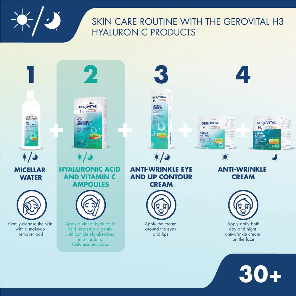 Gerovital Hyaluron C serum vials display 10 x 2 ml format