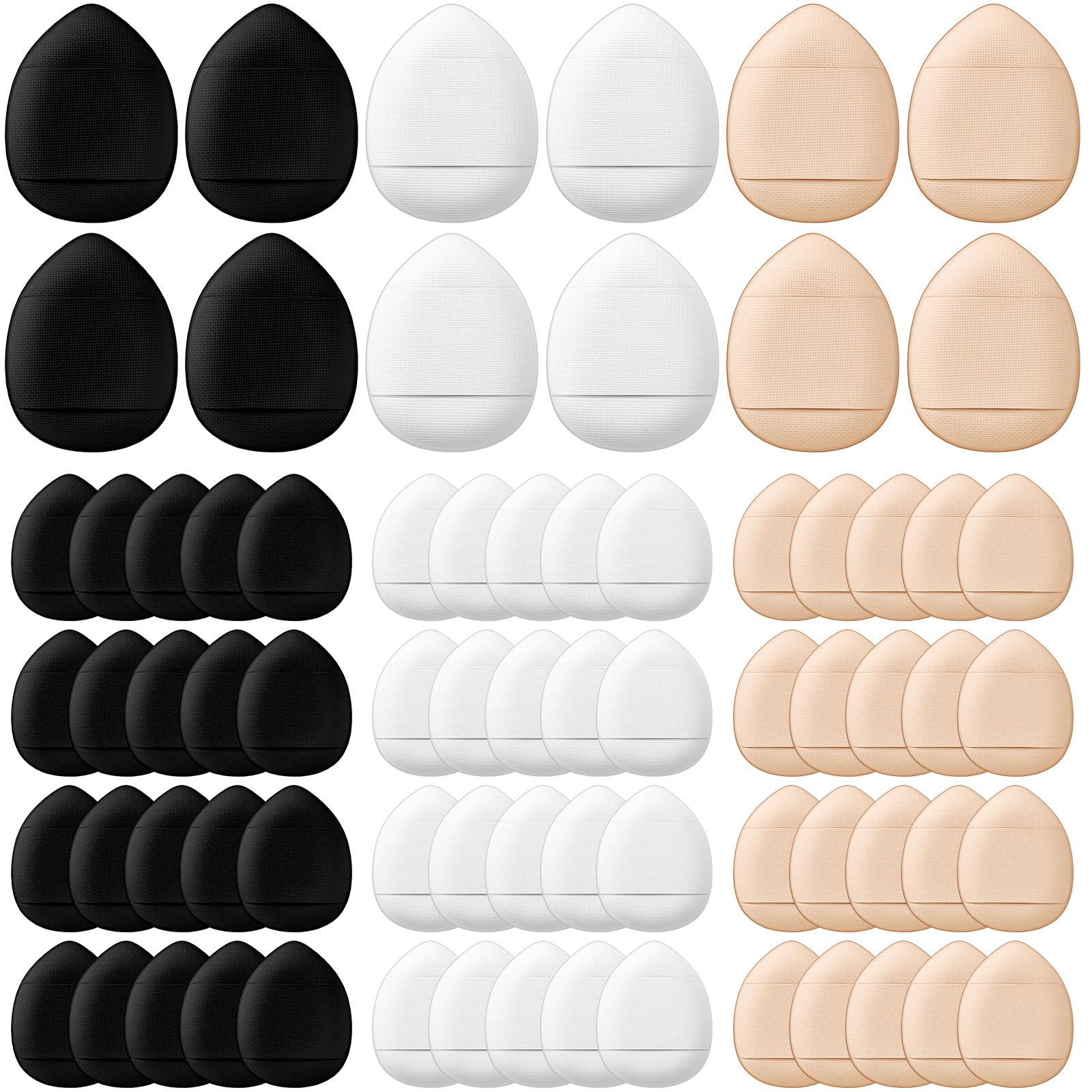 Gerrii 72-piece finger powder puff set in black, skin tone, and white for versatile makeup.