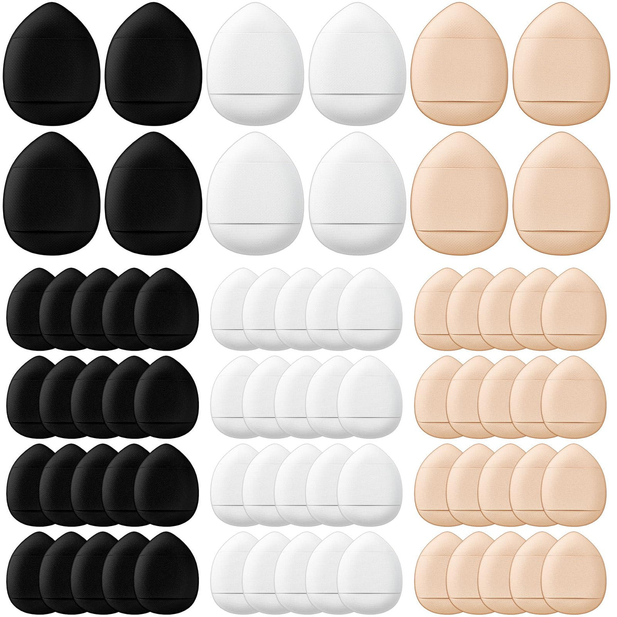 Gerrii 72-piece finger powder puff set in black, skin tone, and white for versatile makeup.