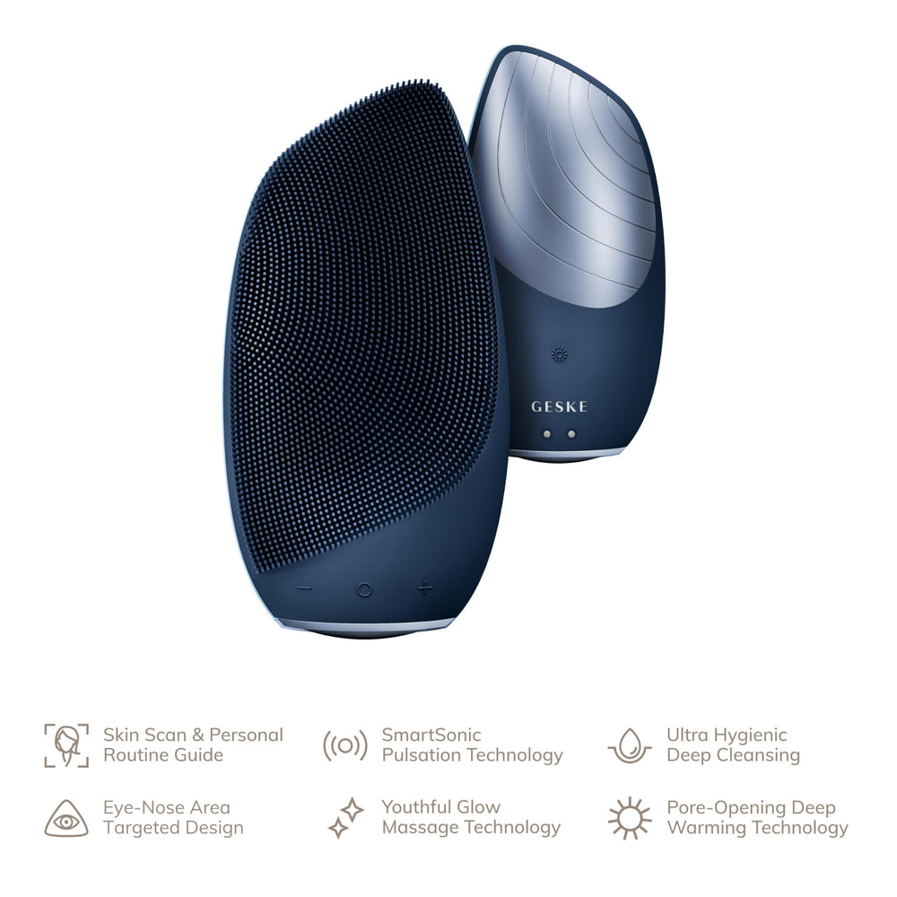 GESKE cleansing brush demonstrates pore cleansing technology near a mirror.