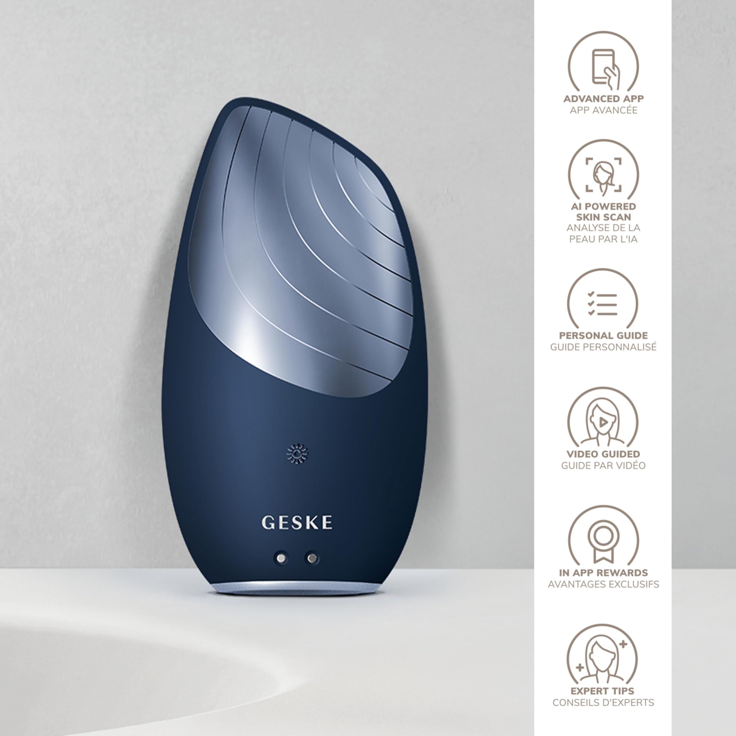 GESKE skin scrubber and massager performing gentle exfoliation during routine.