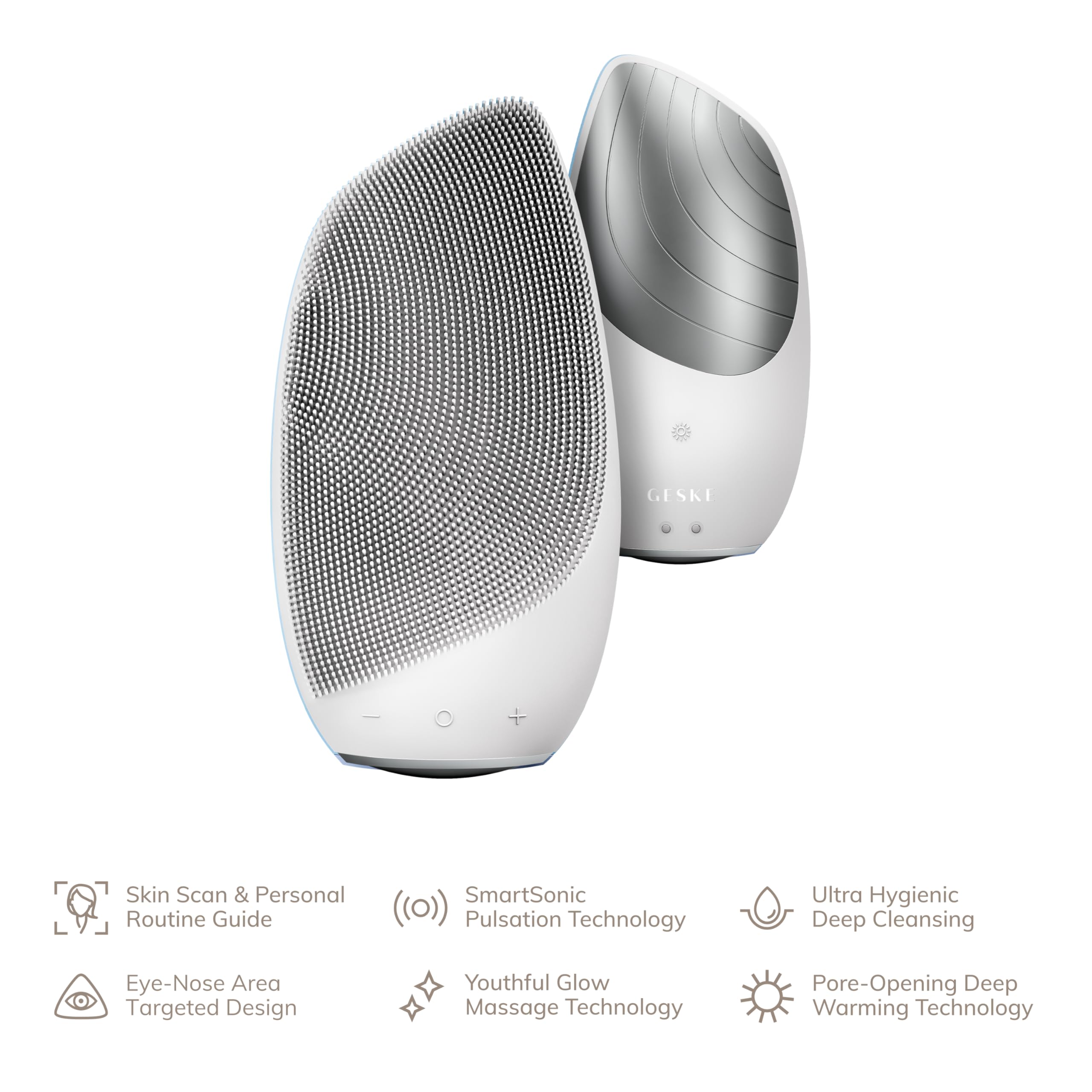 GESKE device close-up highlights heating function and gentle exfoliation action