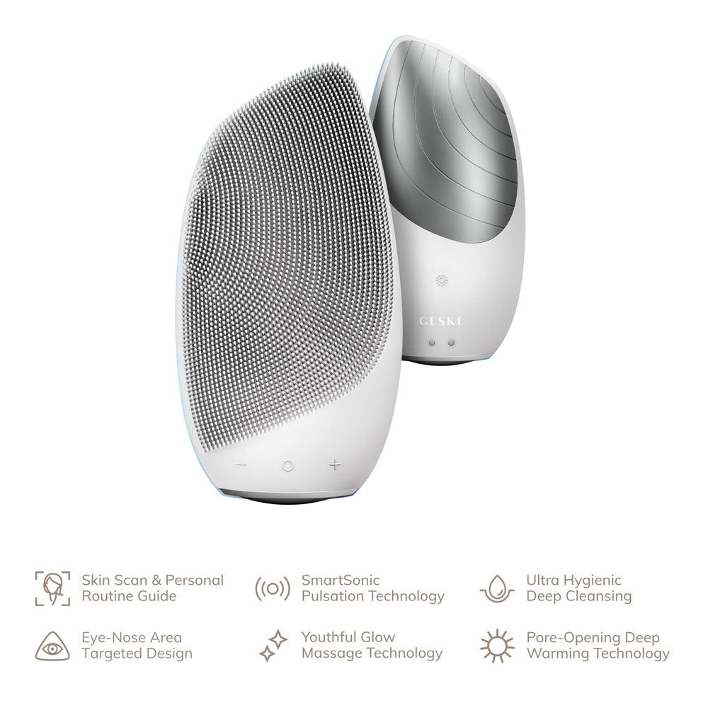 GESKE device close-up highlights heating function and gentle exfoliation action