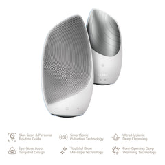 GESKE device close-up highlights heating function and gentle exfoliation action
