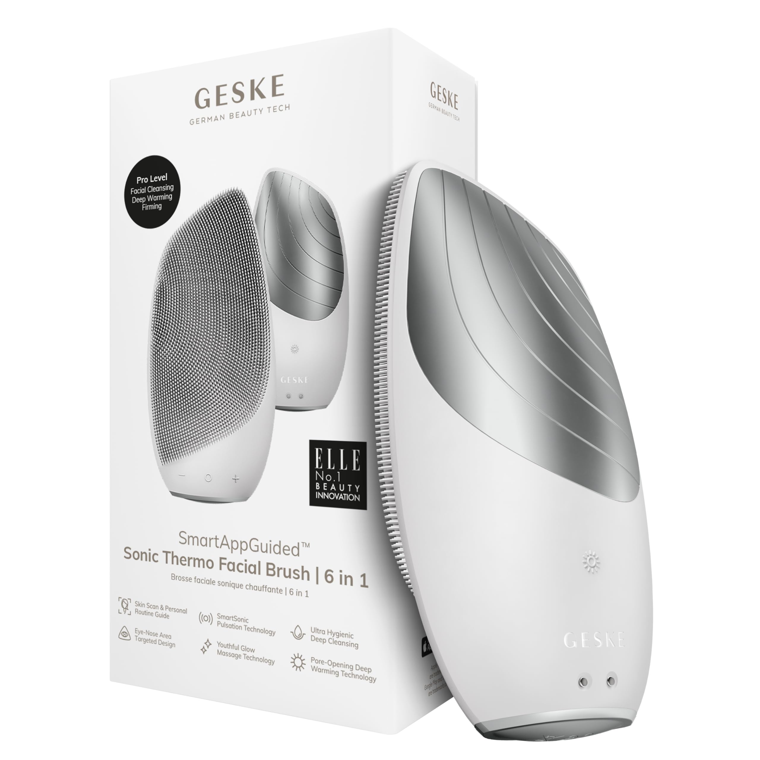 GESKE SmartAppGuided Thermo Facial Brush front view for deep cleansing and warmth