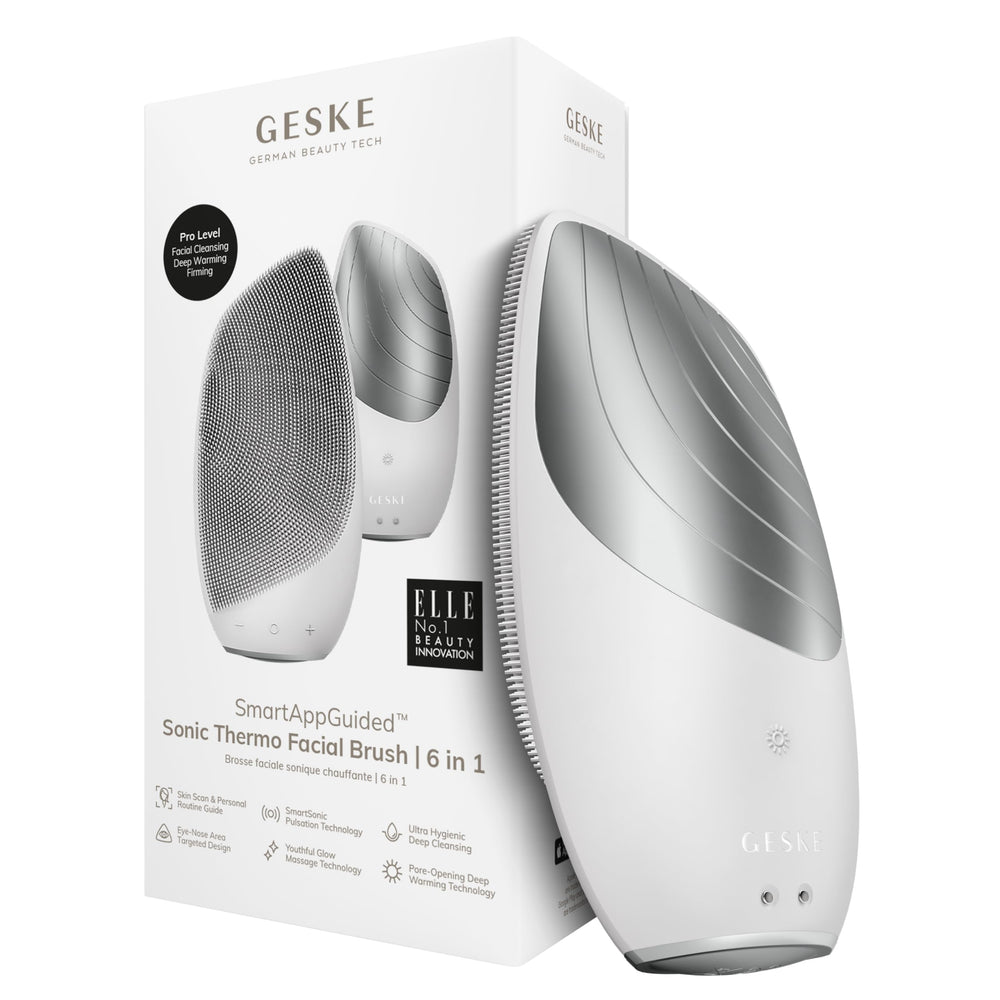 GESKE SmartAppGuided Thermo Facial Brush front view for deep cleansing and warmth