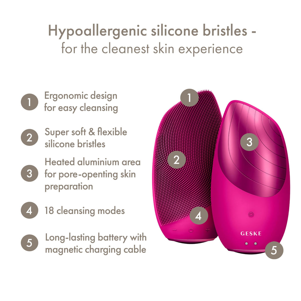 GESKE handheld device shown for direct facial use, delivering smooth cleansing.