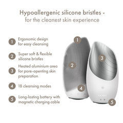 GESKE sleek thermo facial brush ready for compact home spa use