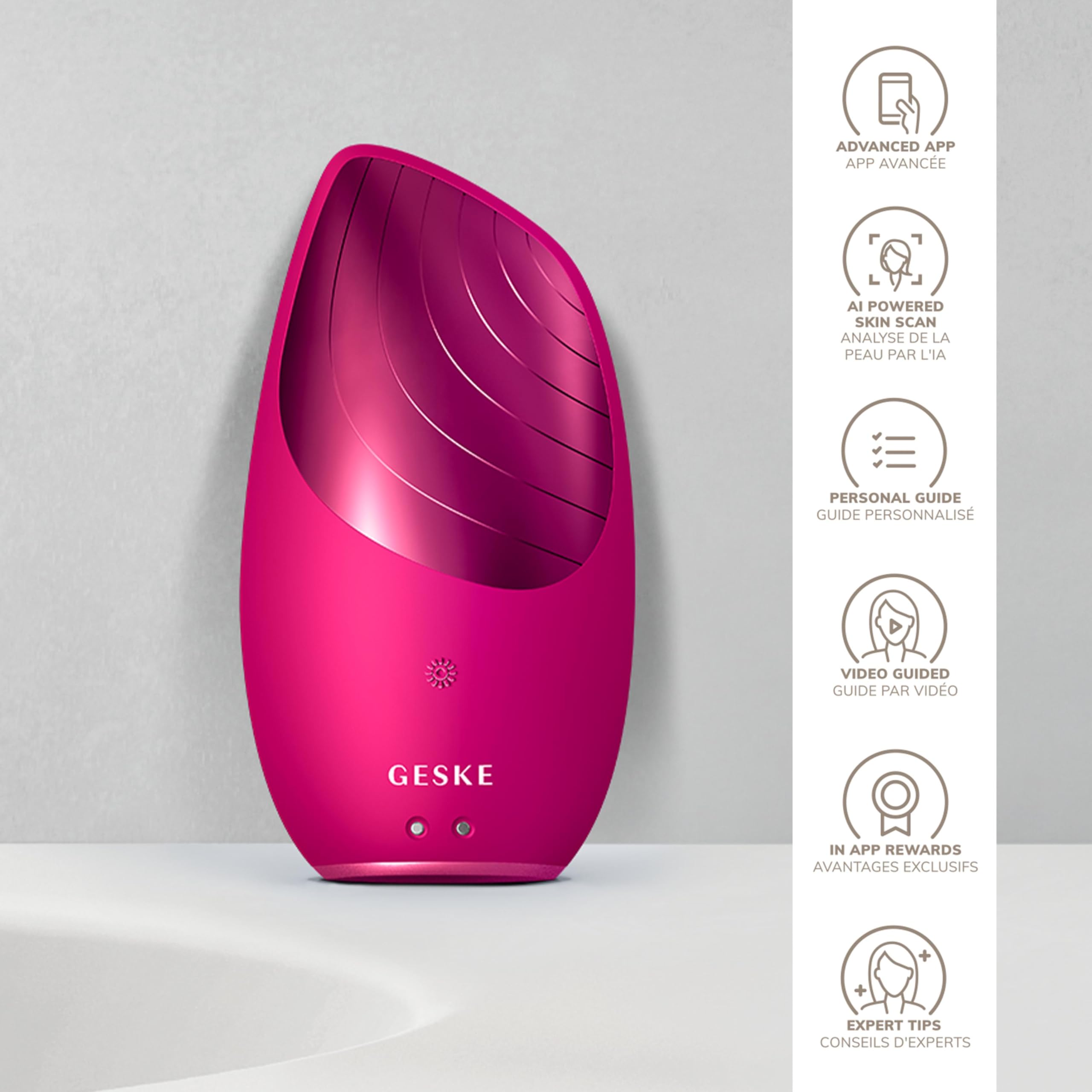 GESKE unit highlights thermal function, offering warm comfort during cleansing sessions.