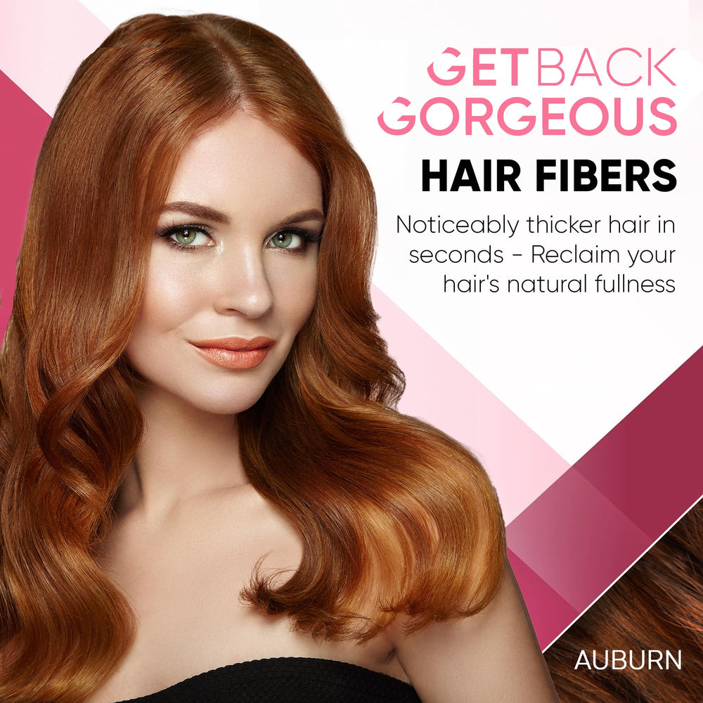 GBG Auburn hair fibers being applied to thinning areas for quick coverage