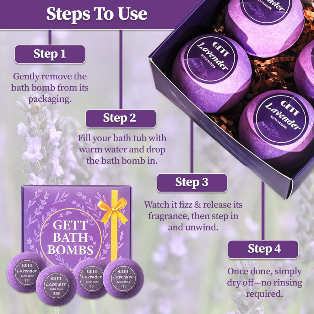 GETT Lavender Bath Bombs dissolving in bath, creating soothing bubbles and lavender aroma.