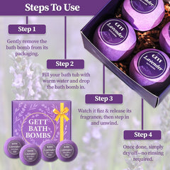 GETT Lavender Bath Bombs dissolving in bath, creating soothing bubbles and lavender aroma.